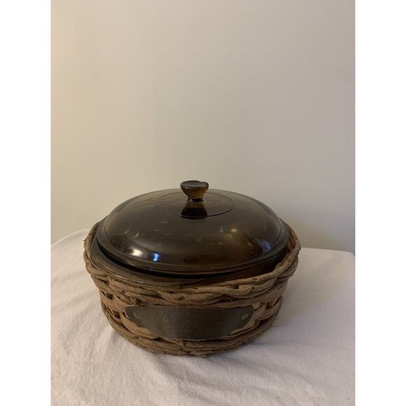PYREX 024 2L Corning Amber Brown Glass Round Bowl Casserole Dish with Lid Basket - Picture 2 of 16
